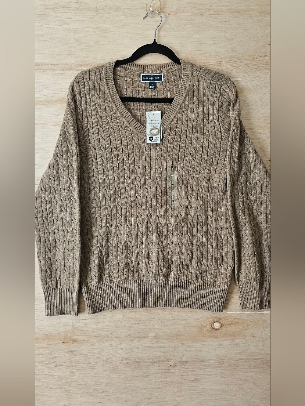 Karen Scott Women's Cable-Knit V-Neck Sweater NWT Size M Chestnut Heather Cotton